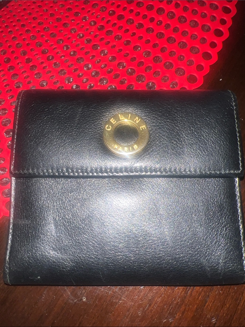 Celine Black Leather Card & Key Holder with Gold Logo Button